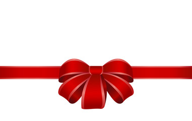 Decorative red bow with horizontal red ribbons isolated on white. Vector red gift bow with  ribbon for page decor. New year holiday decorations