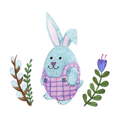 watercolor Easter Bunny boy with flowers. Like an egg