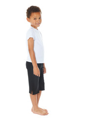 Cute african american boy in white t-shirt on white t-shirt. Mixed kids. Smiling boy.