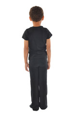 Cute boy in black t shirt and black long  shirts on white background. Active kids. Sport and children. 