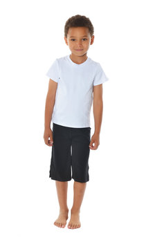 Cute african american boy in white t-shirt on white t-shirt. Mixed kids. Smiling boy.