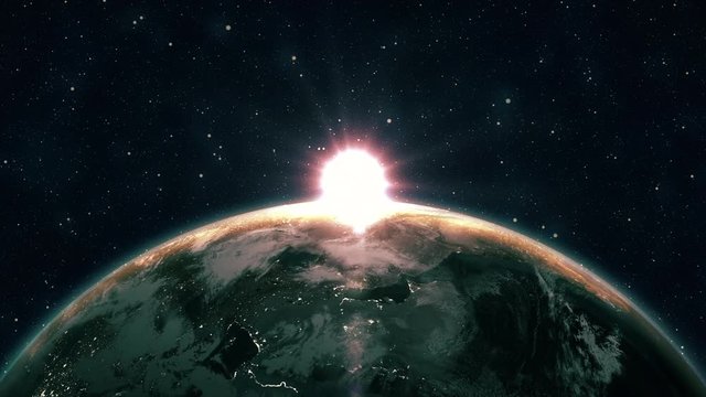 Sunrise view from space on Planet Earth. World rotating on its axis in black Universe in stars. Cities Lights at Night. High detailed 4k 3D Render animation. Elements of this image furnished by NASA