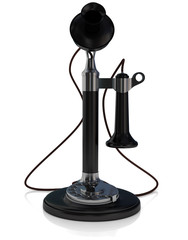 Old telephone, antique candlestick telephone black isolated in white background, 3D illustration