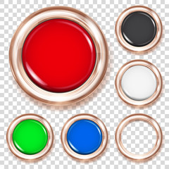 Set of big plastic buttons in various colors with bronze metallic border