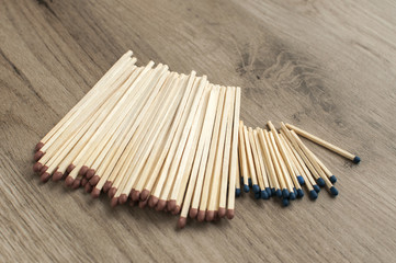 A pile of wooden safety long match sticks on wooden background