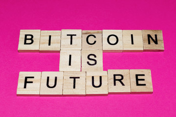 Wooden blocks on a pink background spelling words Bitcoin Is Future