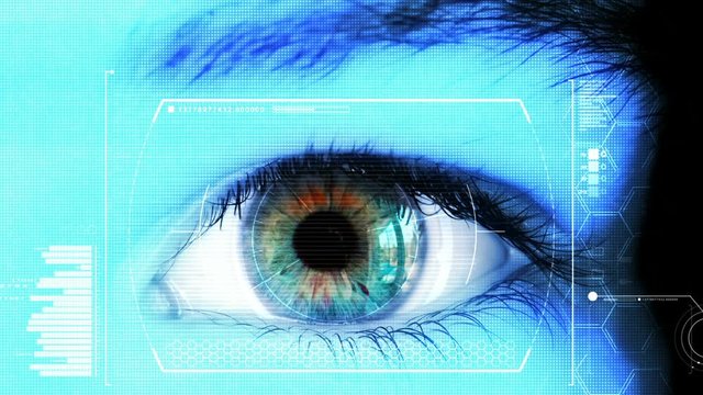 Close up of high tech futuristic eye with hud on iris