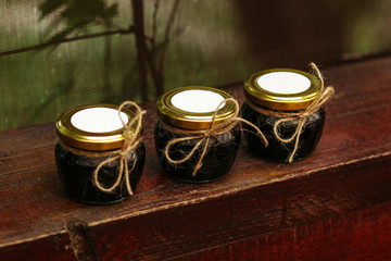 Picture of home made jam in jars.