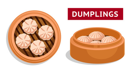 Dumplings. Chinese national dish. Vector flat illustration.