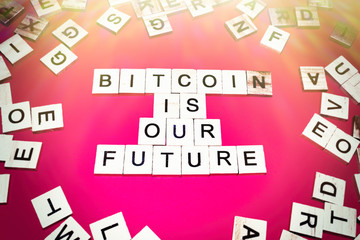 Wooden blocks on a red background spelling words Bitcoin Is Our Future