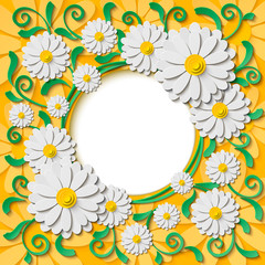 Fototapeta premium Beautiful round frame with 3d white paper cut out chamomiles and green leaves. Bright spring banner for sale,shopping, advertising actions and offers with space for text. Vector illustration