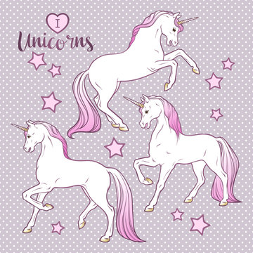 Magic unicorns and stars set hand drawn design for kids in pastel colors vector illustration.