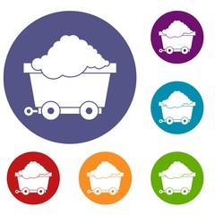 Cart on wheels with coal icons set