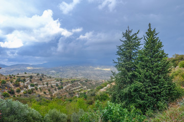 Aerial view across rural countryside in the wine growing region of Cyprus.
