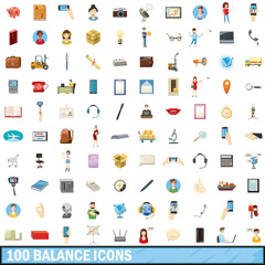 100 balance icons set, cartoon style