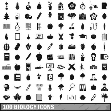 100 biology icons set, simple style 
