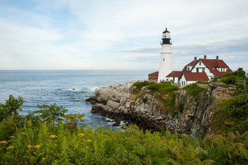 Fototapeta na wymiar Wildflowers in Front f Portland Head Lighthouse Over Rocky Cliffs in Maine