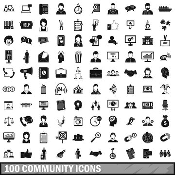 100 community icons set, simple style 