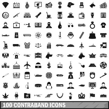 100 contraband icons set, simple style 