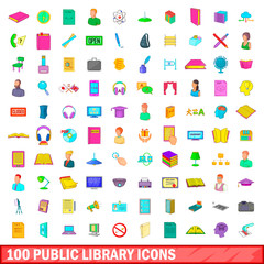 100 public library icons set, cartoon style