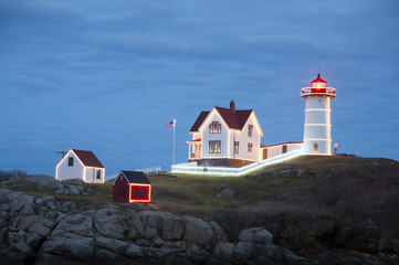 Decorated Nubble Lighthouse Shines Bright for the Holiday Season in Maine © alwoodphoto