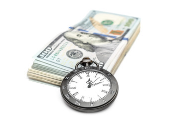 Pocket watch with heap of money on white background.