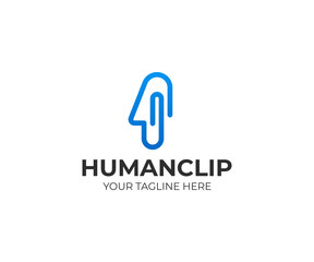 Human head and paper clip logo template. Office clip vector design. Paperclip and face logotype
