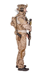 Special forces soldier with rifle on white background. army, military and people concept