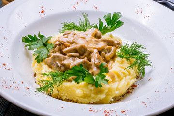Stroganoff on white plate