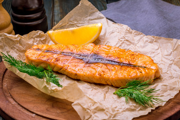 Salmon steak on the grill