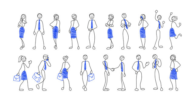 Collection of stick figures of businesspeople in different poses and situation. Doodle style men and women. Vector illustration set