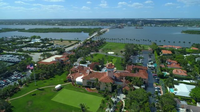 Aerial pull out shot Mar A Lago Palm Beach Florida