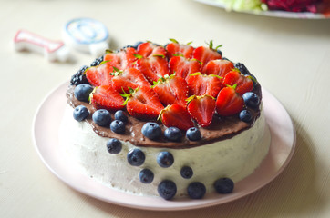 Curd cake decorated with fruit, no sugar, no flour. The concept of proper healthy diet, weight loss.