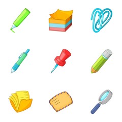 Stationery icons set, cartoon style