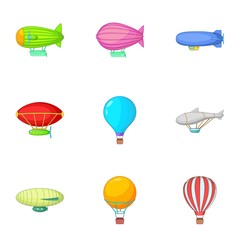 Types of airship icons set, cartoon style