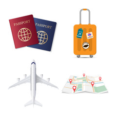 Travel elements, passport, luggage travel case, airplane and map with red pin, vector illustration