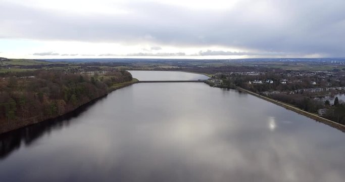 Aerial footage of Mugdock and Craigmaddie reservoirs at Milngavie. Ascending.