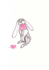 Gouache drawing: Easter bunny on a white background.