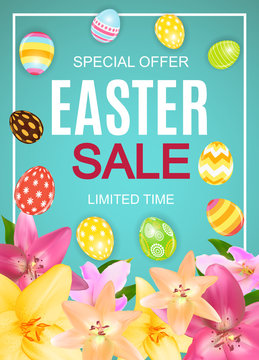 Happy Easter Cute Sale Poster  Background with Eggs and Flowers. Vector Illustration