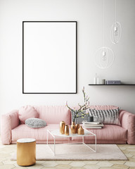 mock up poster frame in interior background, Scandinavian style, 3D render, 3D illustration