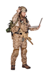 soldier with laptop on white background. army, military and people concept