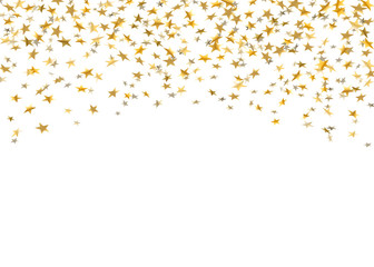 Gold stars falling confetti isolated on white background. Golden abstract rain confetti. Decoration sparkle explosion festive, celebration party. Holiday design stars. Vector illustration