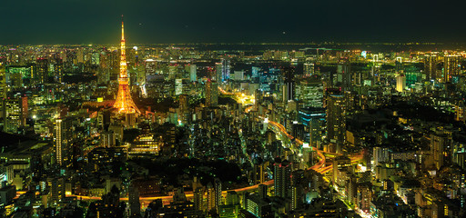 Obraz premium Nocna panorama Tokio Skyline z podświetloną ikoniczną wieżą Tokyo Tower z Mori Tower, nowoczesnego wieżowca i najwyższego budynku kompleksu Roppongi Hills w dzielnicy Minato, Tokio, Japonia. Widok z lotu ptaka
