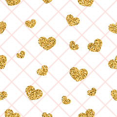 Gold heart seamless pattern. Pink-white geometric decoration, golden confetti-hearts. Symbol of love, Valentine day holiday. Design wallpaper, background, fabric texture. Vector illustration