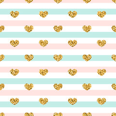Gold heart seamless pattern. Pink-blue-white geometric stripes, golden confetti-hearts. Symbol of love, Valentine day holiday. Design wallpaper, background, fabric texture. Vector illustration