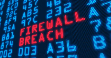 Cyber security buzzwords – firewall breach - with blue numbers in background. Data safety and digital technology in screen stylized graphic.