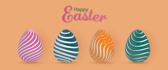 Happy Easter. Easter eggs with pattern in trendy colors with text : Happy Easter