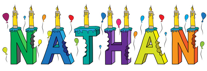 Nathan male first name bitten colorful 3d lettering birthday cake with candles and balloons