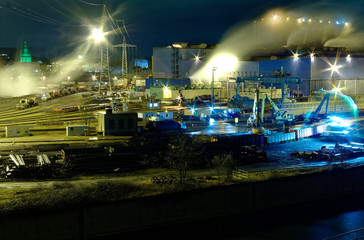 Steel hut in Völklingen in the Saarland in Germany at night in the foreground the Autonahn a620...