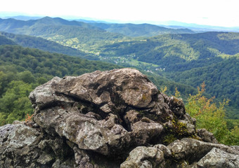 Part of the rock on the background of the wooded mountains